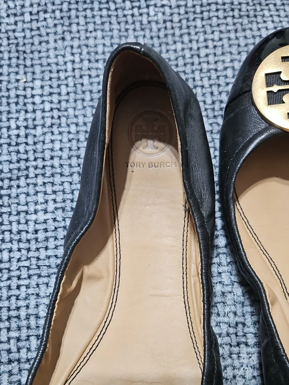 Tory Burch Black Leather Reva Ballet Flats with Gold Logo